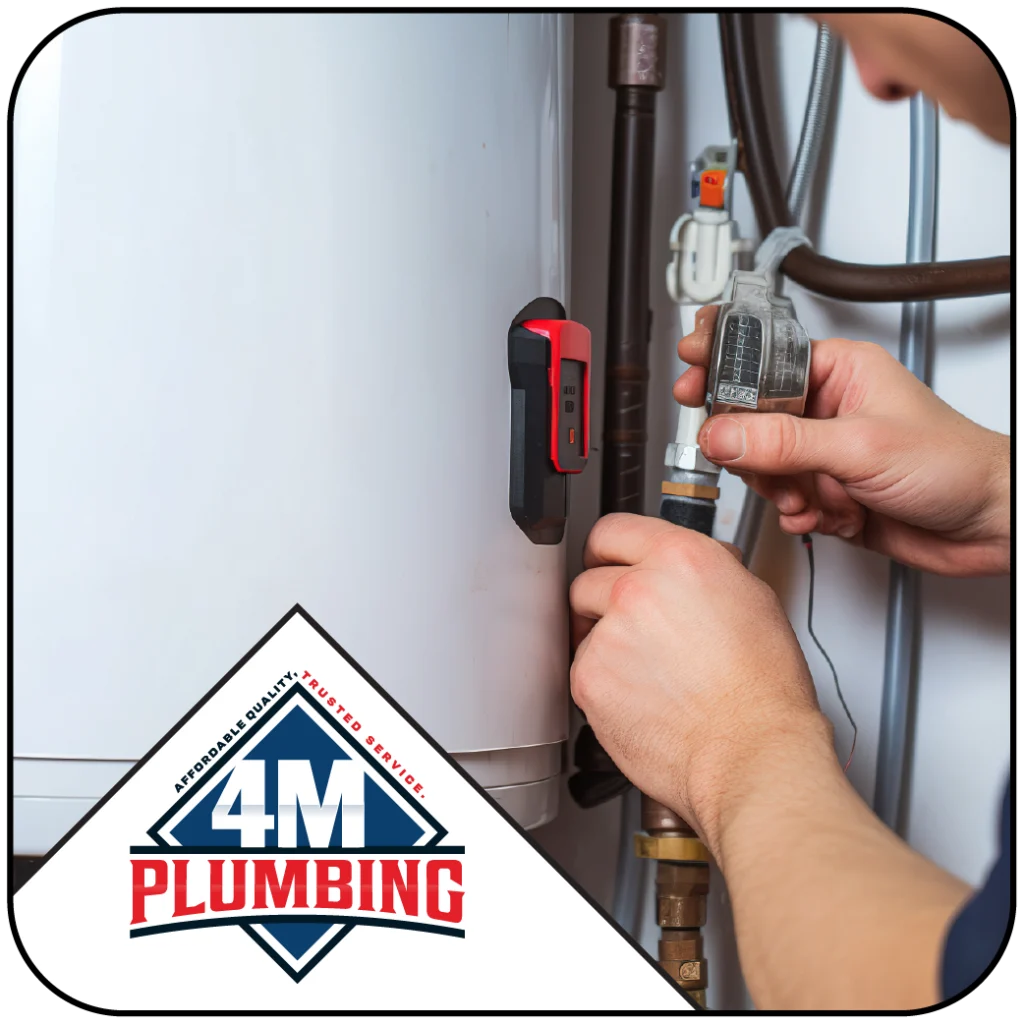 Plumber adjusting water heater connection with digital thermometer and 4M Plumbing logo overlay