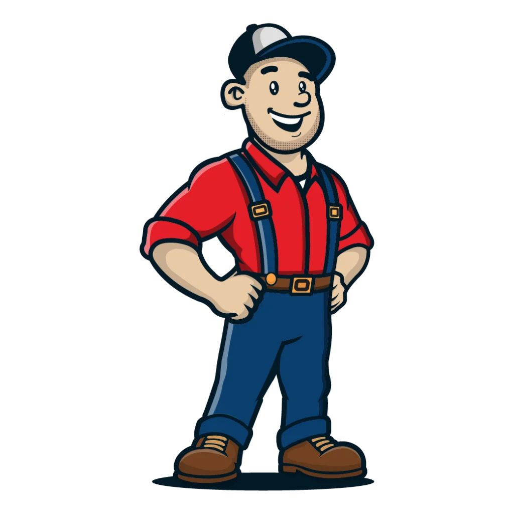 Cartoon illustration of a confident plumber in red shirt and suspenders standing with hands on hips