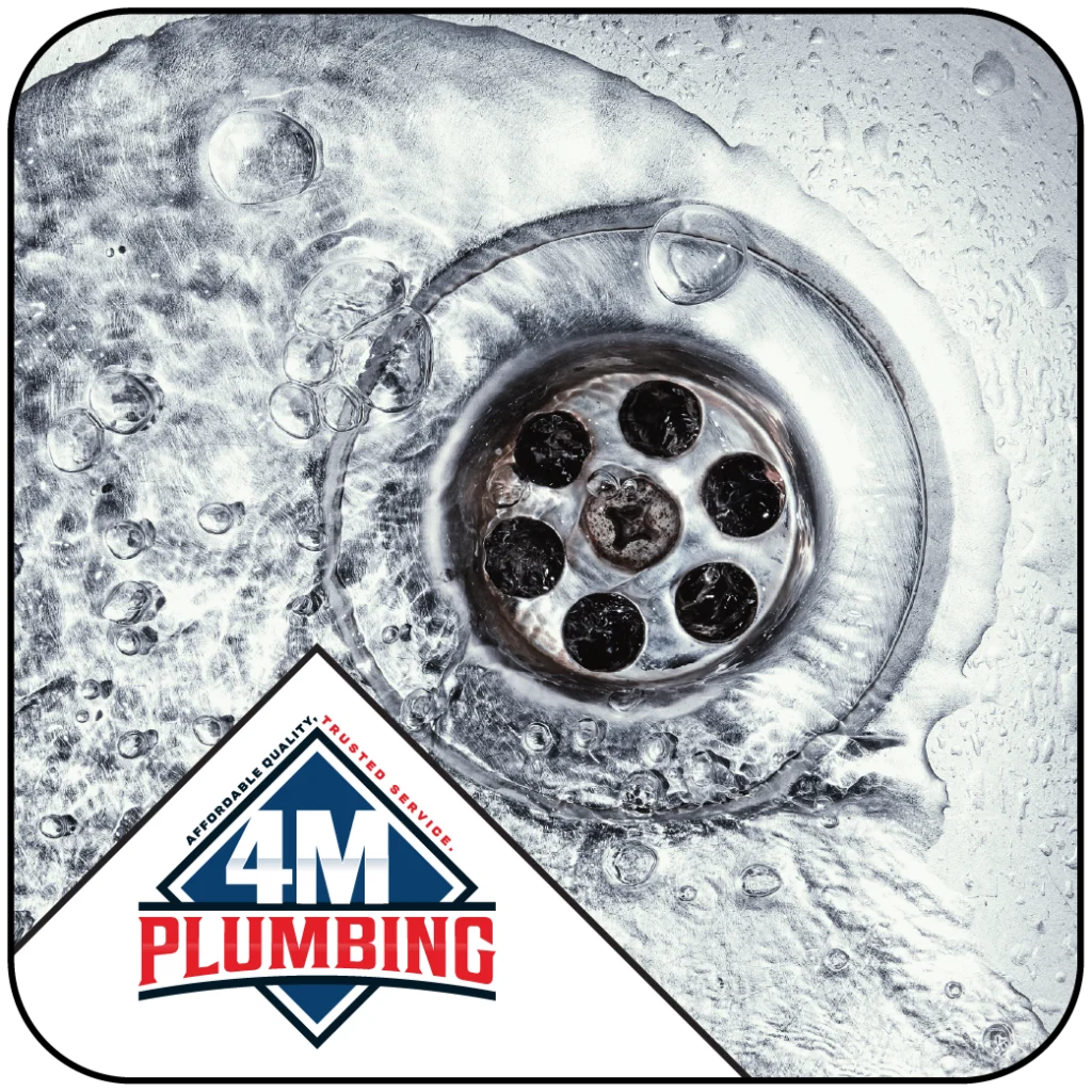Sink drain with swirling water and bubbles, featuring the 4M Plumbing logo overlay